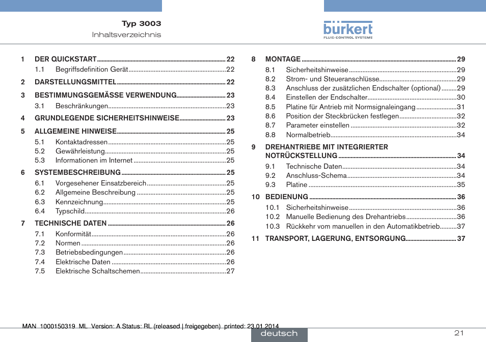 Deutsch | Burkert Type 3003 User Manual | Page 21 / 58