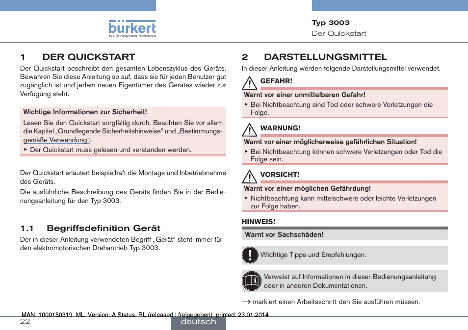 1 der quickstart, 1 begriffsdefinition gerät, 2 darstellungsmittel | Burkert Type 3003 User Manual | Page 22 / 58