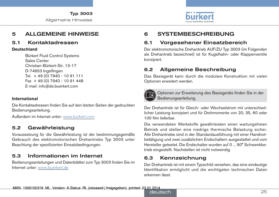 5 allgemeine hinweise, 6 systembeschreibung | Burkert Type 3003 User Manual | Page 25 / 58