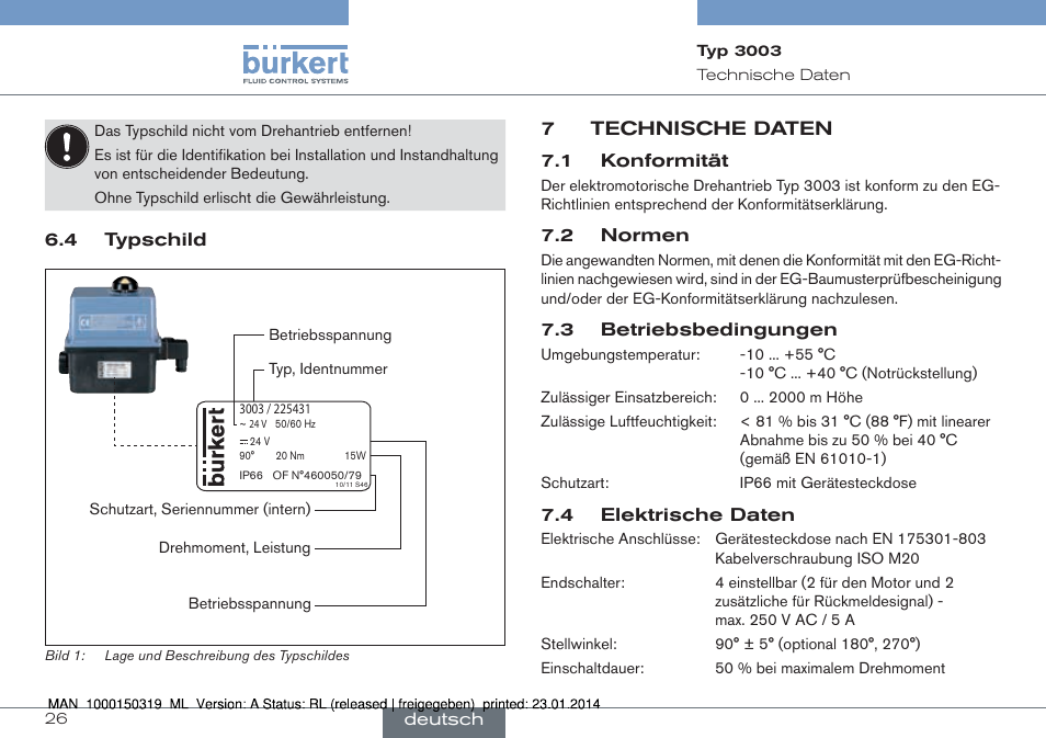 4 typschild, 7 technische daten, 7technische daten | Burkert Type 3003 User Manual | Page 26 / 58