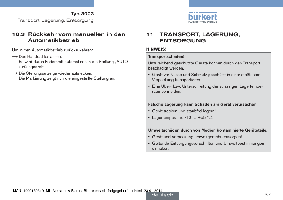 3 rückkehr vom manuellen in den automatikbetrieb, 11 transport, lagerung, entsorgung | Burkert Type 3003 User Manual | Page 37 / 58