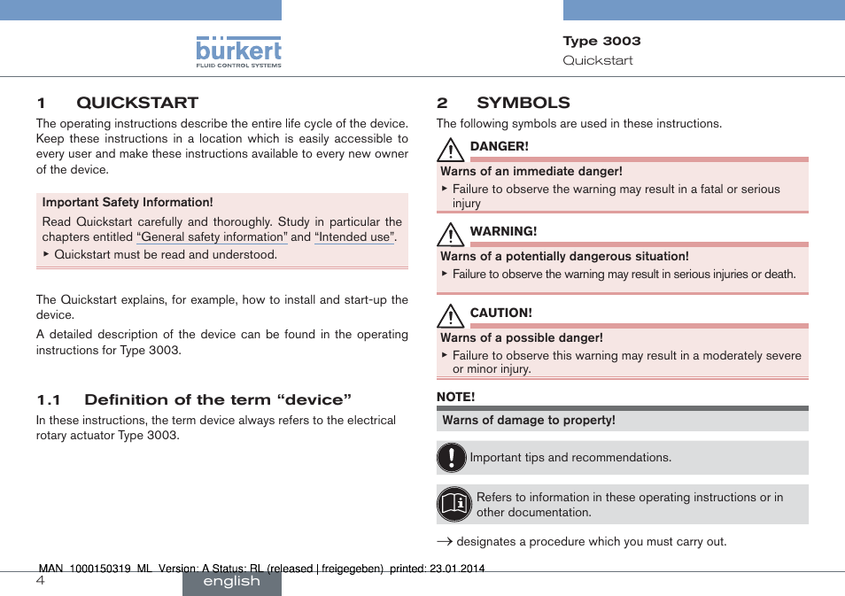 1 quickstart, 1 definition of the term “device, 2 symbols | Burkert Type 3003 User Manual | Page 4 / 58