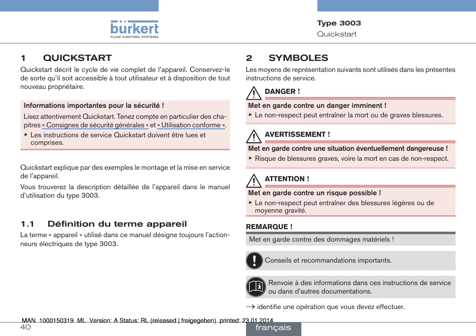 1 quickstart, 1 définition du terme appareil, 2 symboles | Burkert Type 3003 User Manual | Page 40 / 58