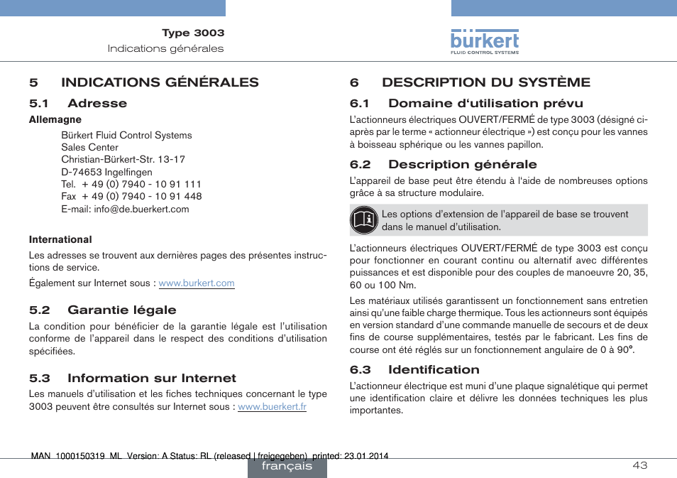 5 indications générales, 6 description du système | Burkert Type 3003 User Manual | Page 43 / 58