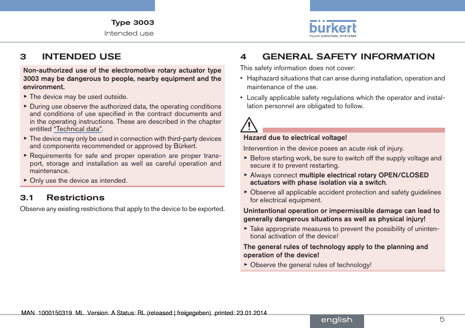 3 intended use, 1 restrictions, 4 general safety information | Burkert Type 3003 User Manual | Page 5 / 58