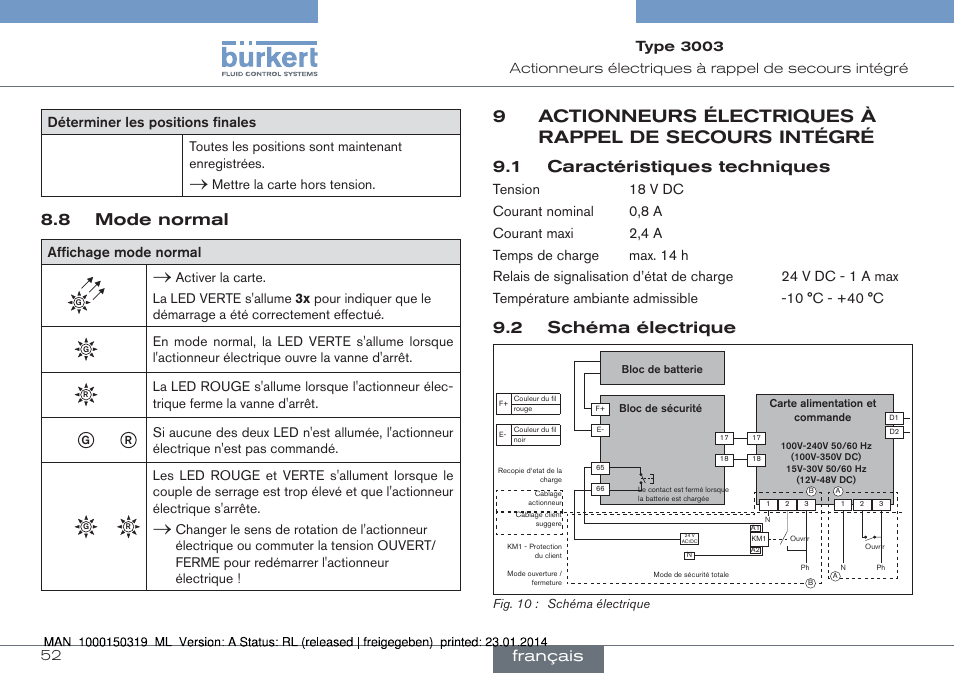 8 mode normal, 9 actionneurs électriques à rappel de secours, 1 caractéristiques techniques | 2 schéma électrique, Français, Affichage mode normal, Type 3003 | Burkert Type 3003 User Manual | Page 52 / 58