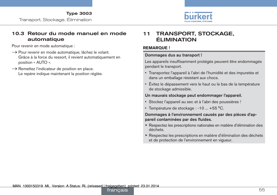 3 retour du mode manuel en mode automatique, 11 transport, stockage, élimination | Burkert Type 3003 User Manual | Page 55 / 58