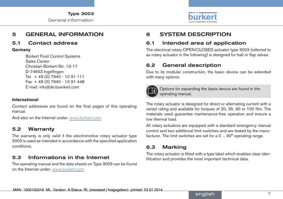 5 general information, 6 system description | Burkert Type 3003 User Manual | Page 7 / 58