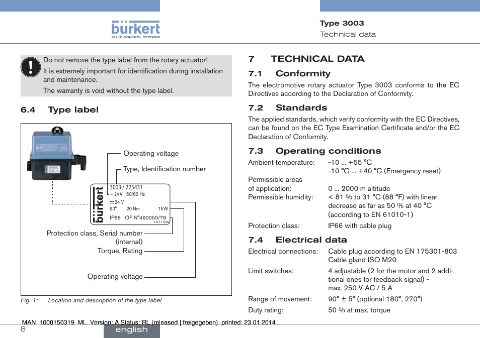 4 type label, 7 technical data, 7technical data | Burkert Type 3003 User Manual | Page 8 / 58