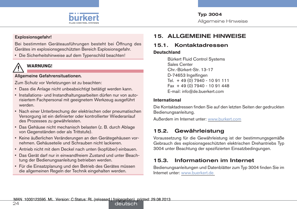 Allgemeine hinweise | Burkert Type 3004 User Manual | Page 24 / 62