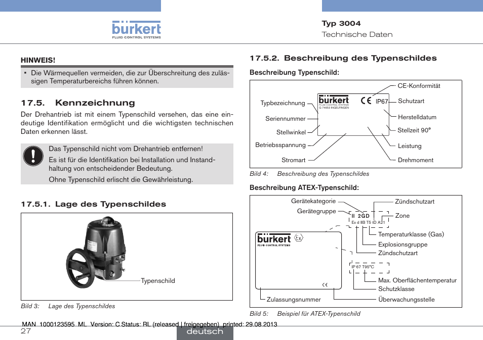 Kennzeichnung, Ii 2 g d, Deutsch | Lage des typenschildes, Beschreibung des typenschildes | Burkert Type 3004 User Manual | Page 27 / 62