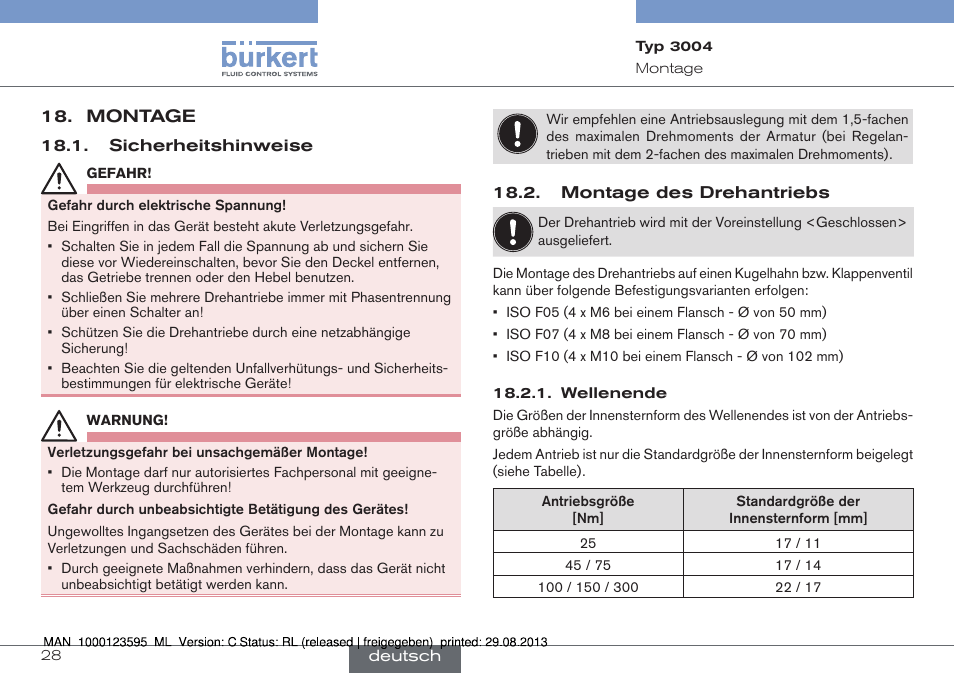 Montage, Sicherheitshinweise 18.2. montage des drehantriebs | Burkert Type 3004 User Manual | Page 28 / 62