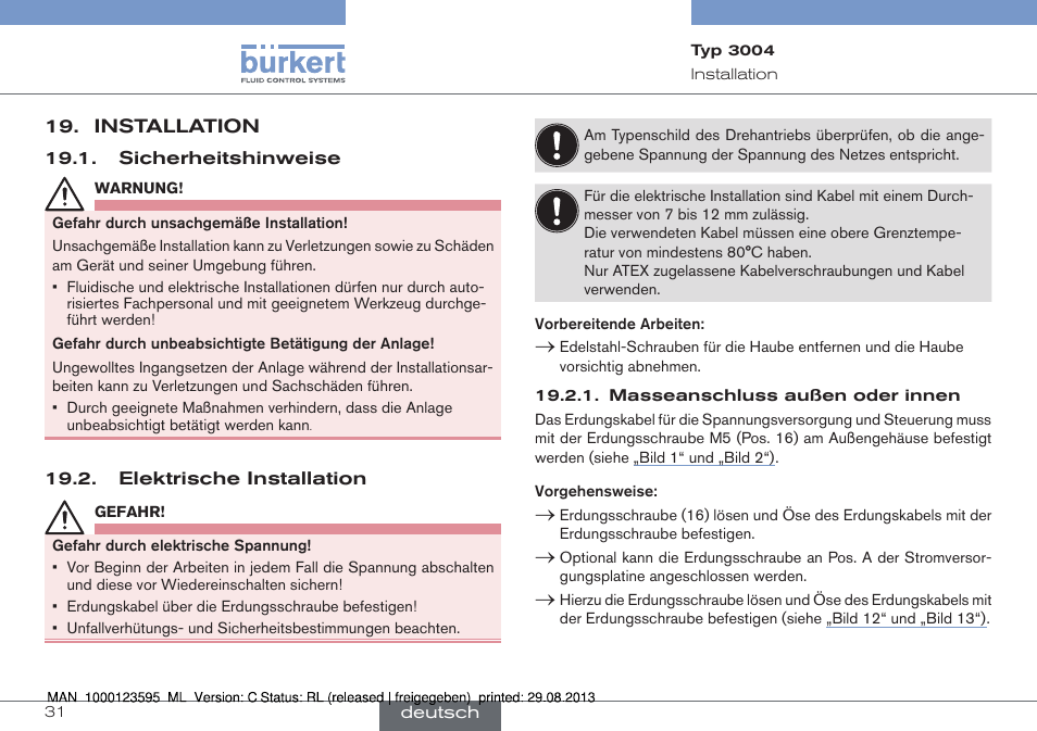 Installation, Sicherheitshinweise 19.2. elektrische installation | Burkert Type 3004 User Manual | Page 31 / 62