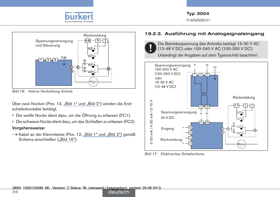 Deutsch, Ausführung mit analogsignaleingang, 34 installation | Typ 3004 | Burkert Type 3004 User Manual | Page 34 / 62