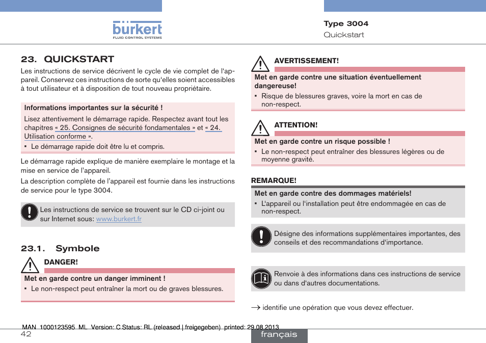 Quickstart, Symbole | Burkert Type 3004 User Manual | Page 42 / 62