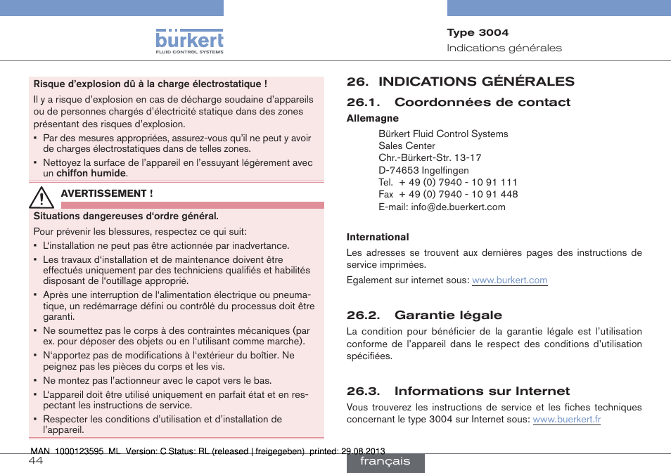 Indications générales | Burkert Type 3004 User Manual | Page 44 / 62