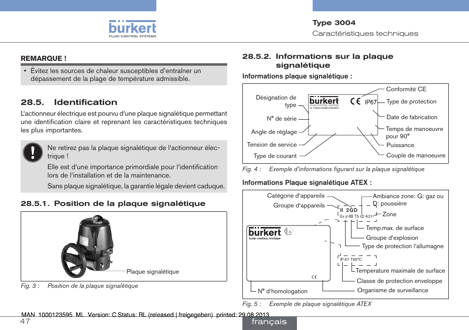 Identification, Ii 2 g d, Français | Position de la plaque signalétique, Informations sur la plaque signalétique | Burkert Type 3004 User Manual | Page 47 / 62