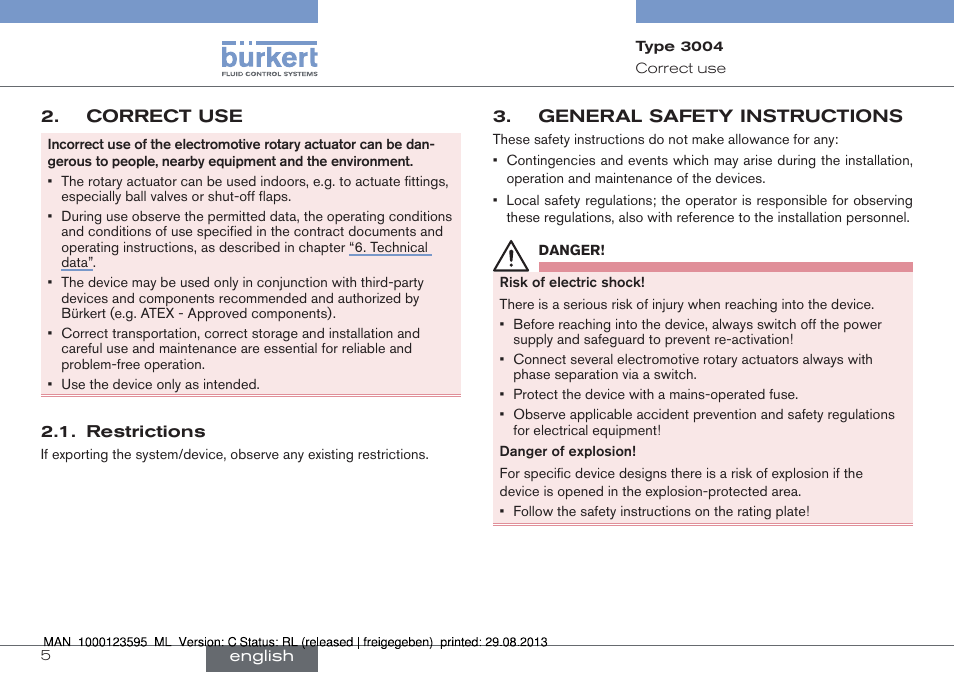 Correct use, Restrictions, General safety instructions | Burkert Type 3004 User Manual | Page 5 / 62