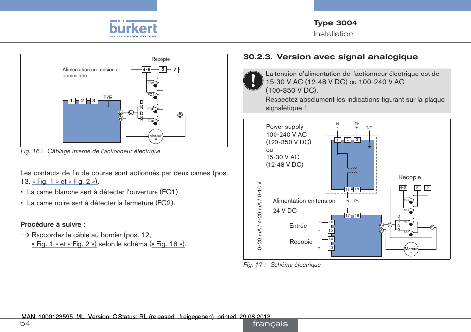 Français, Version avec signal analogique, 54 installation | Type 3004 | Burkert Type 3004 User Manual | Page 54 / 62