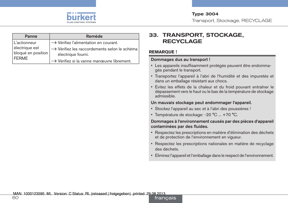 Transport, stockage, recyclage | Burkert Type 3004 User Manual | Page 60 / 62
