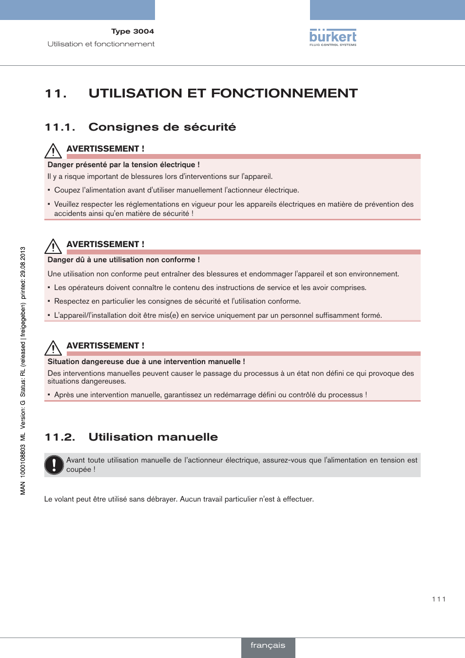 Utilisation et fonctionnement, Consignes de sécurité, Utilisation manuelle | Burkert Type 3004 User Manual | Page 111 / 118