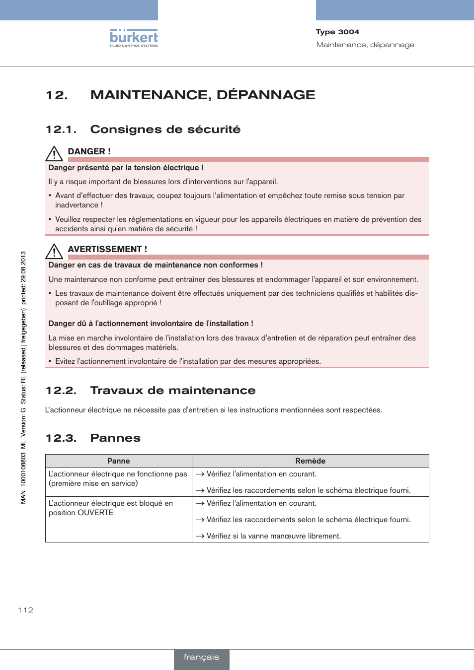 Maintenance, dépannage, Consignes de sécurité, Travaux de maintenance | Pannes | Burkert Type 3004 User Manual | Page 112 / 118