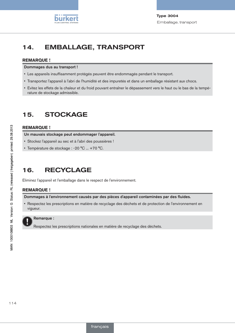 Emballage, transport, Stockage, Recyclage | Burkert Type 3004 User Manual | Page 114 / 118