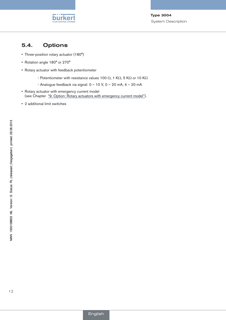 Options | Burkert Type 3004 User Manual | Page 12 / 118