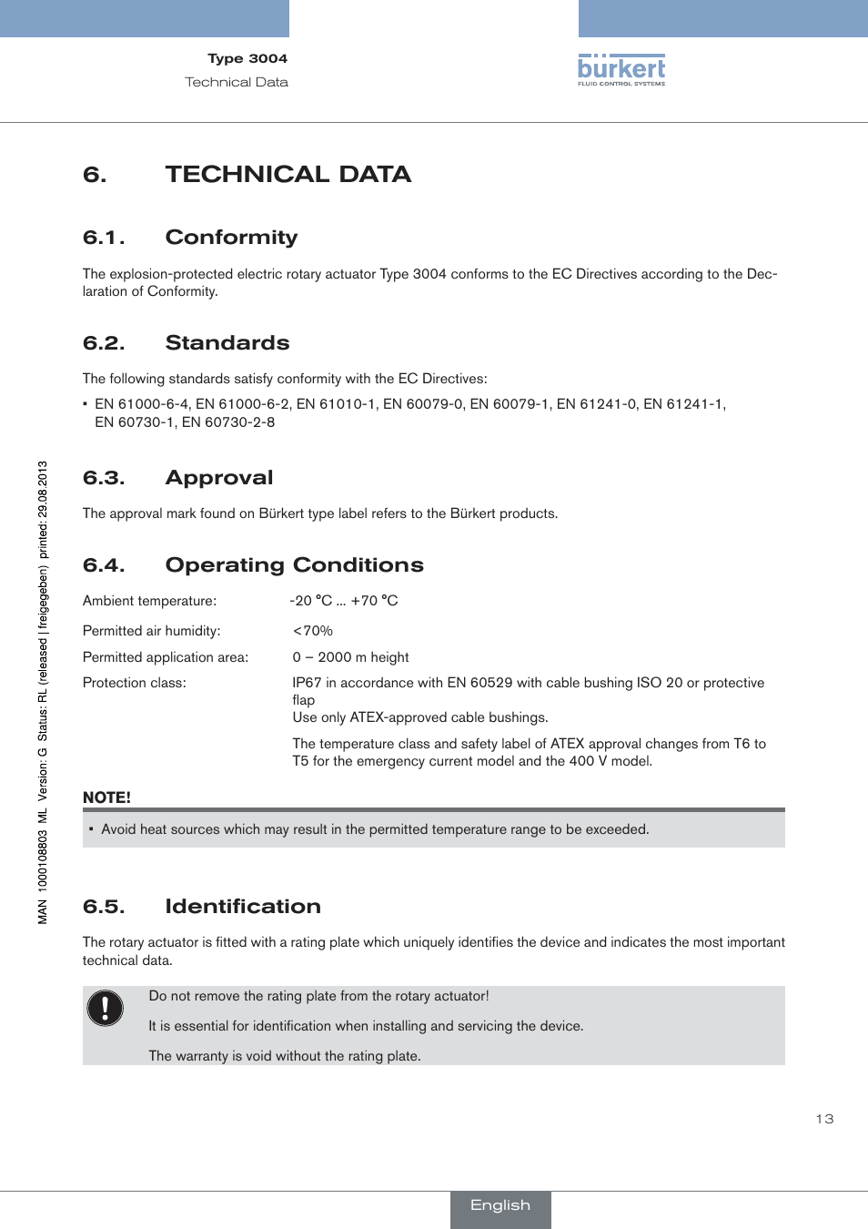 Technical data, Conformity, Standards | Approval, Operating conditions, Identification | Burkert Type 3004 User Manual | Page 13 / 118