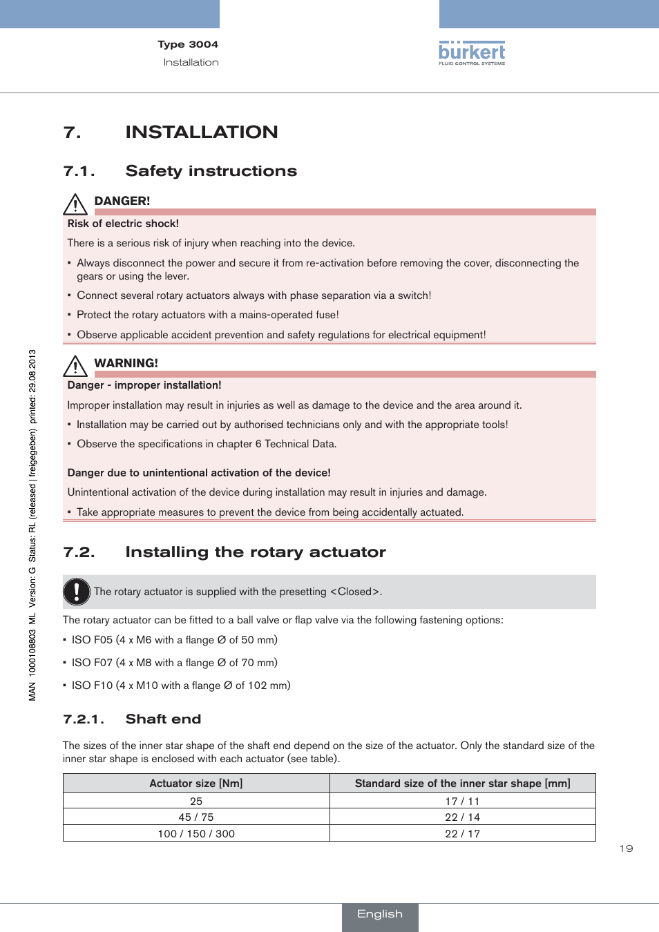 Installation, Safety instructions, Installing the rotary actuator | Burkert Type 3004 User Manual | Page 19 / 118