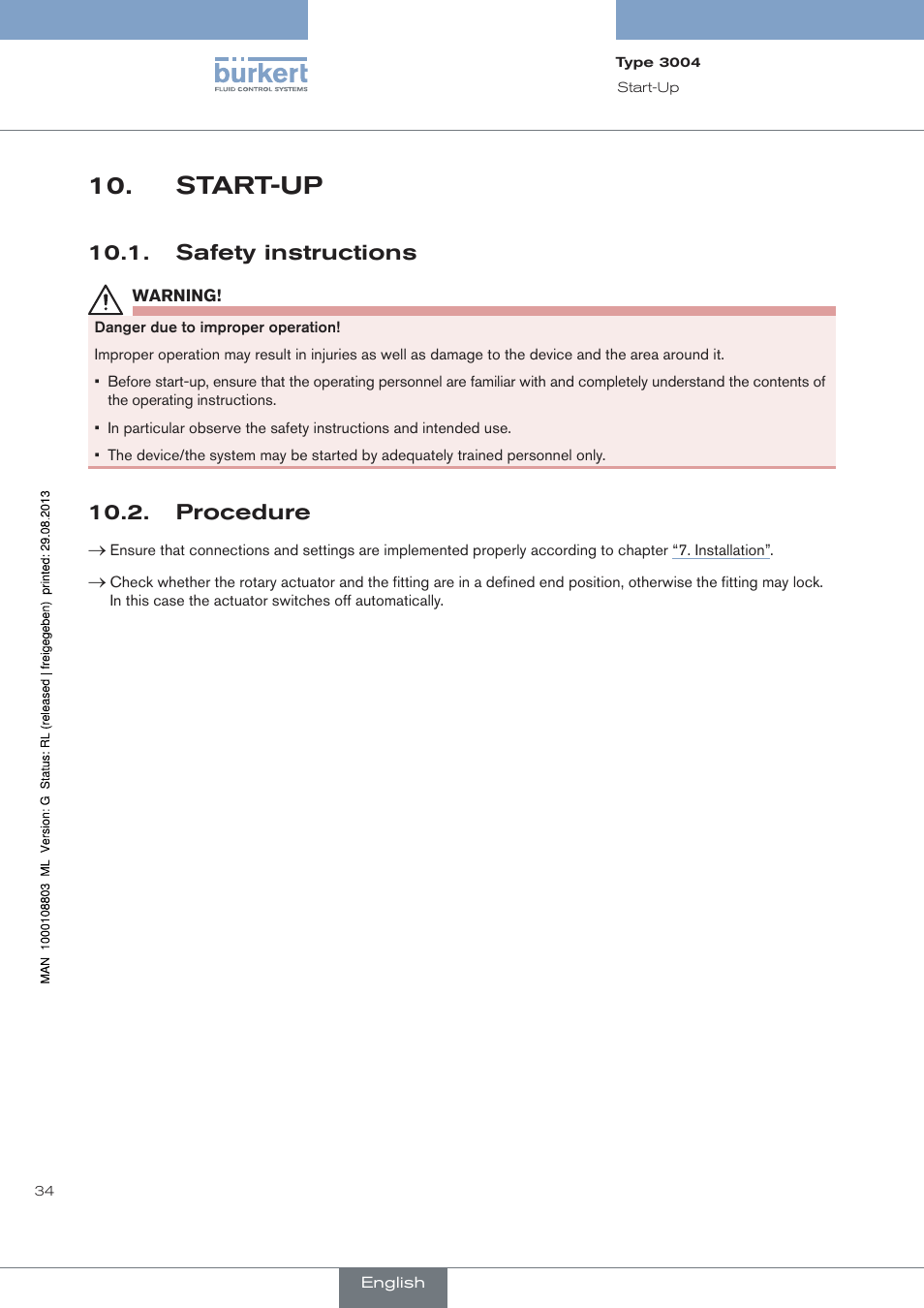 Start-up, Safety instructions, Procedure | Burkert Type 3004 User Manual | Page 34 / 118