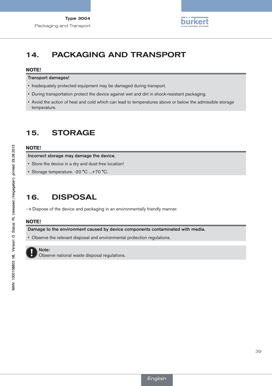 Packaging and transport, Storage, Disposal | Burkert Type 3004 User Manual | Page 39 / 118