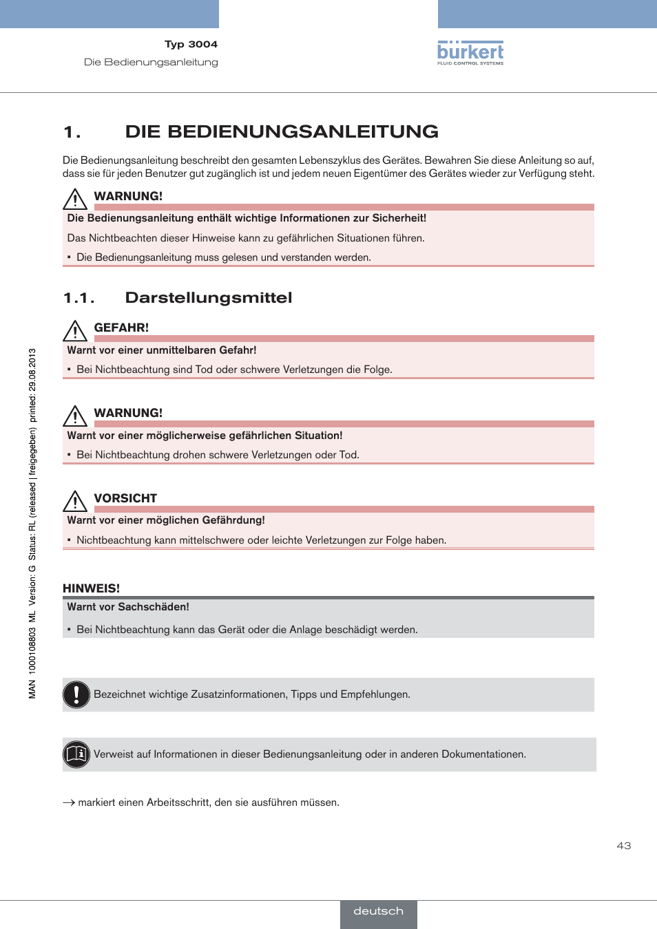 Die bedienungsanleitung, Darstellungsmittel | Burkert Type 3004 User Manual | Page 43 / 118