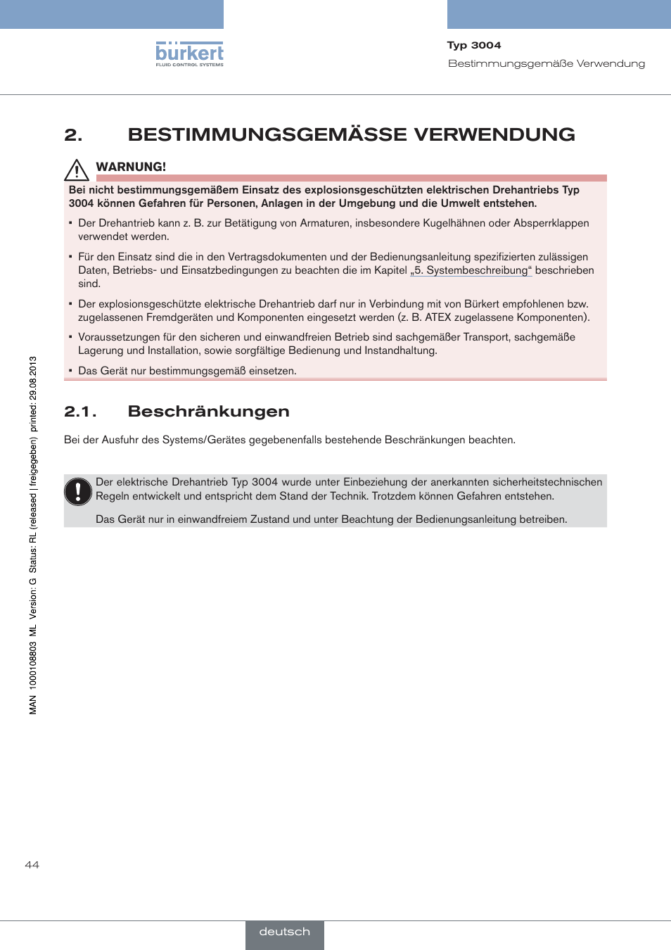 Bestimmungsgemässe verwendung, Beschränkungen | Burkert Type 3004 User Manual | Page 44 / 118