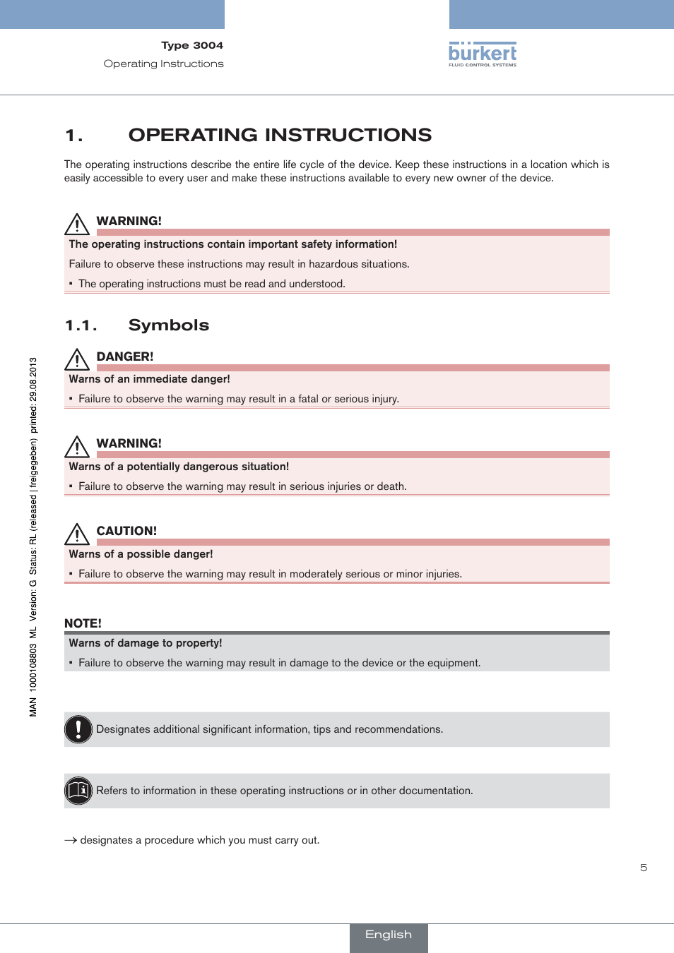 Operating instructions, Symbols | Burkert Type 3004 User Manual | Page 5 / 118