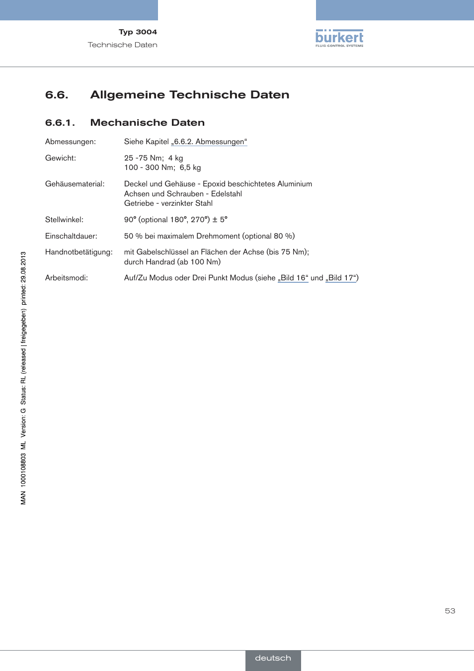 Allgemeine technische daten | Burkert Type 3004 User Manual | Page 53 / 118