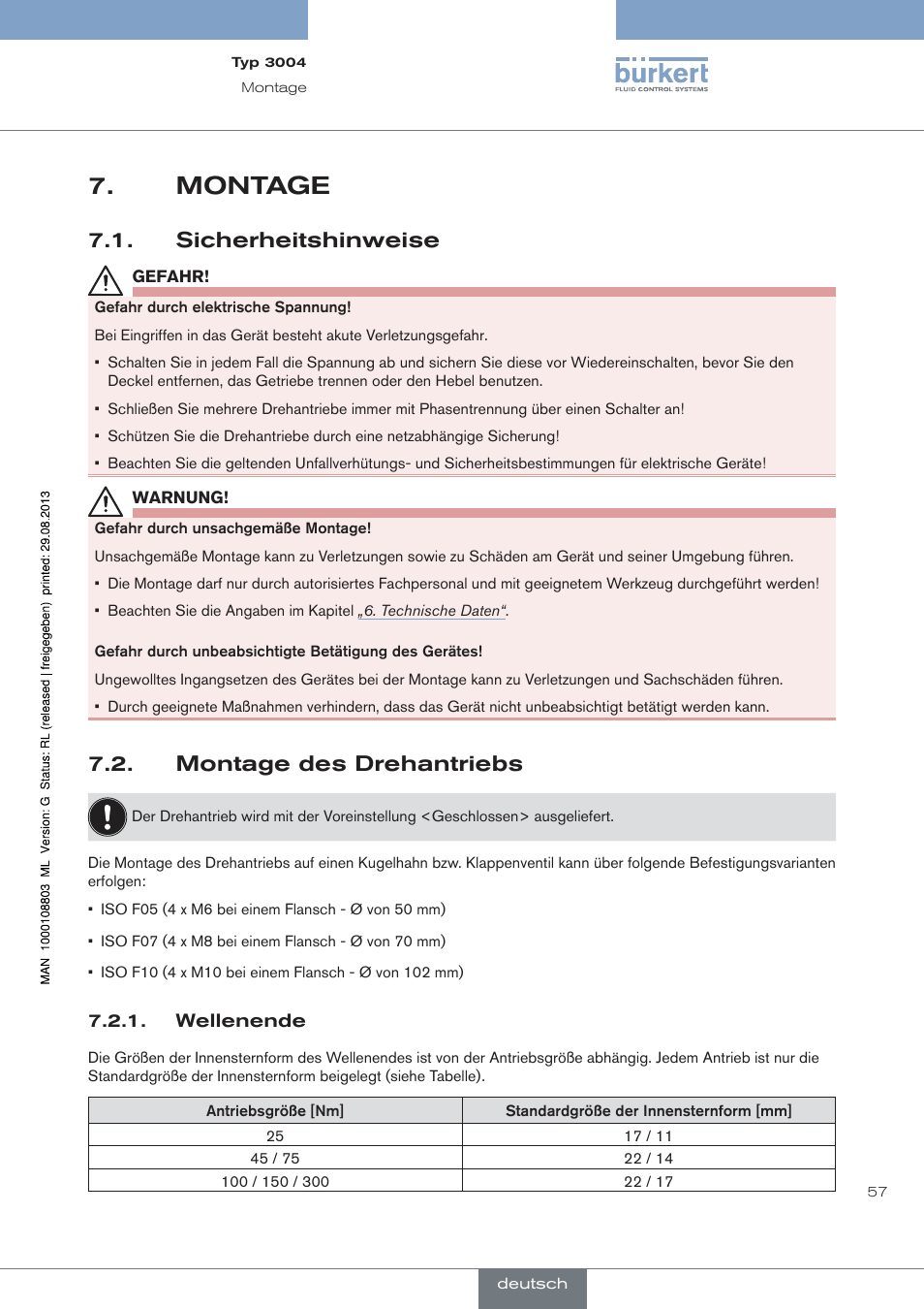 Montage, Sicherheitshinweise, Montage des drehantriebs | Burkert Type 3004 User Manual | Page 57 / 118