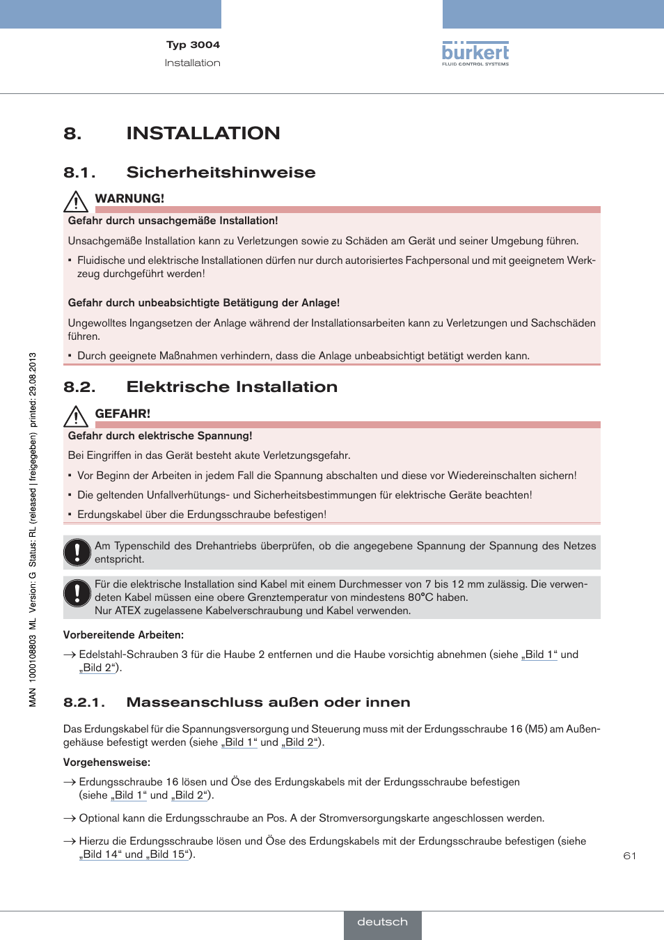 Installation, Sicherheitshinweise, Elektrische installation | Burkert Type 3004 User Manual | Page 61 / 118