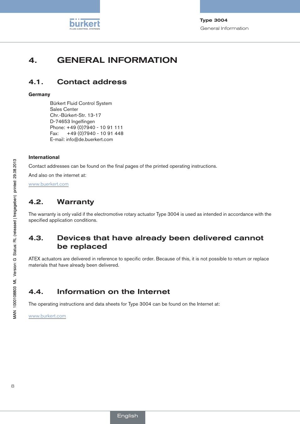 General information, Contact address, Warranty | Information on the internet | Burkert Type 3004 User Manual | Page 8 / 118