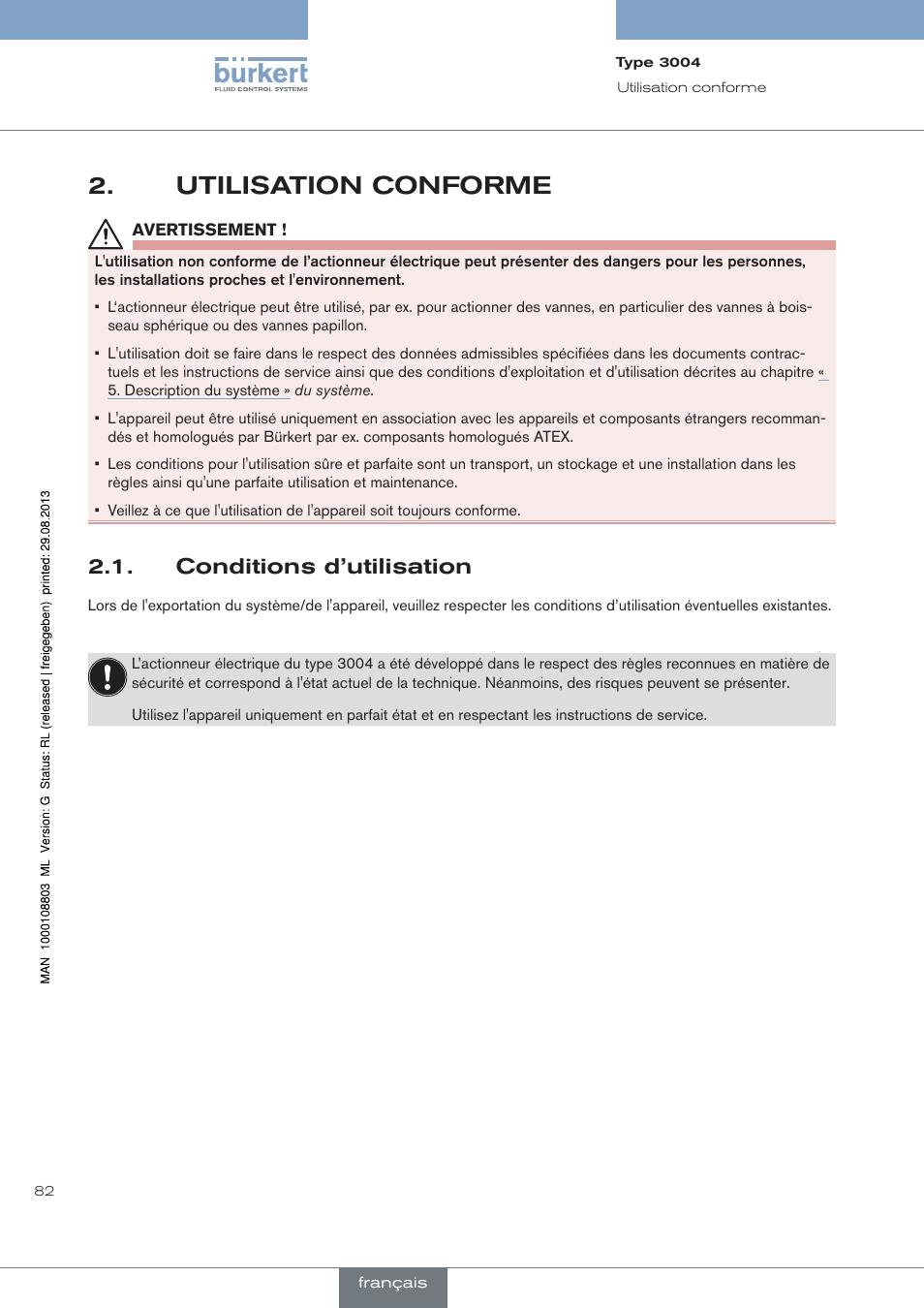 Utilisation conforme, Conditions d’utilisation | Burkert Type 3004 User Manual | Page 82 / 118