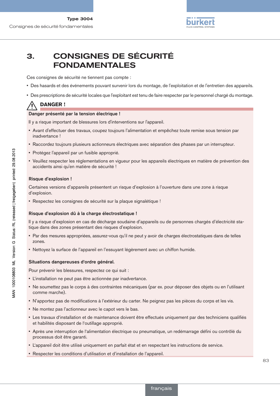 Consignes de sécurité fondamentales | Burkert Type 3004 User Manual | Page 83 / 118