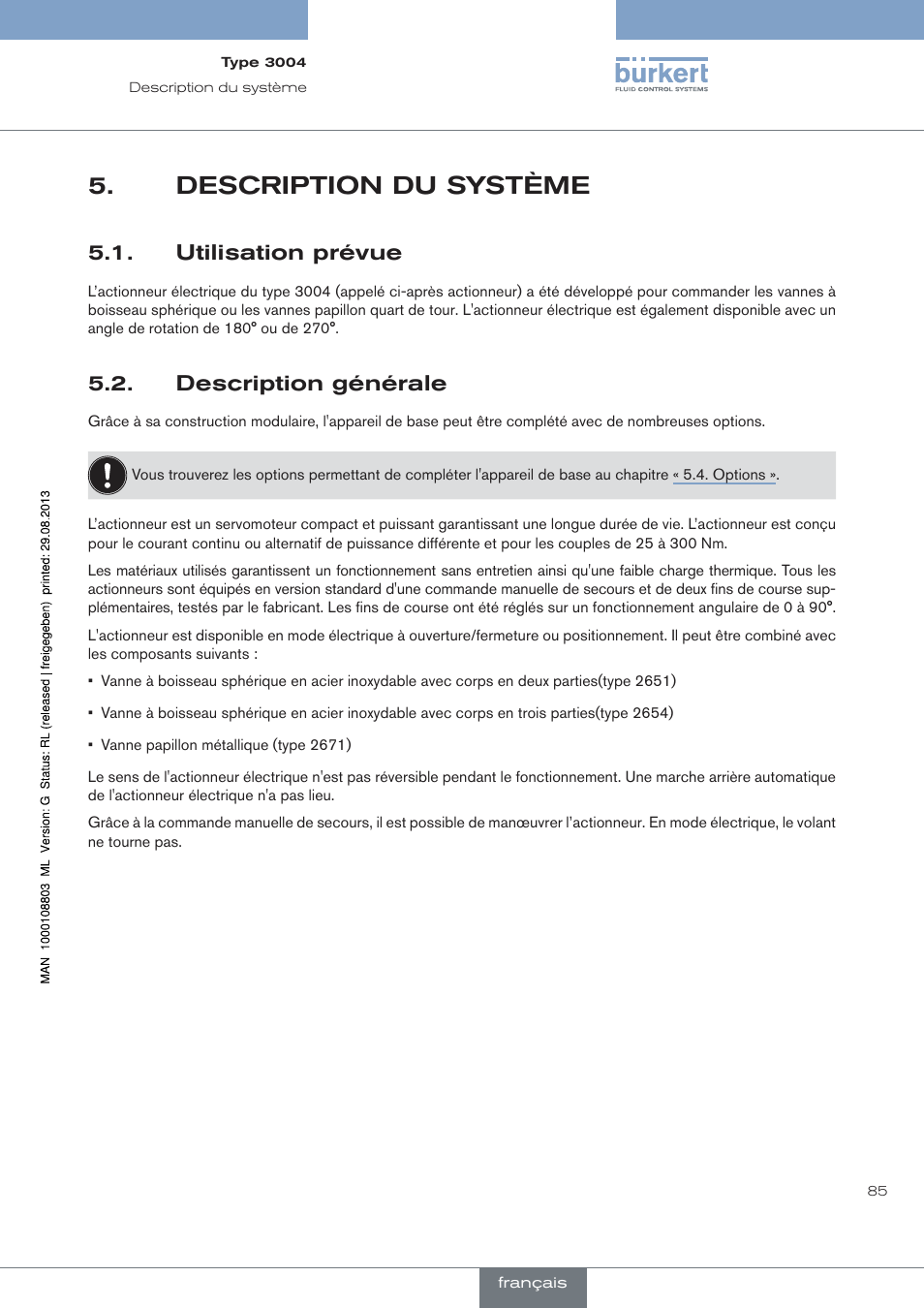 Description du système, Utilisation prévue, Description générale | Burkert Type 3004 User Manual | Page 85 / 118