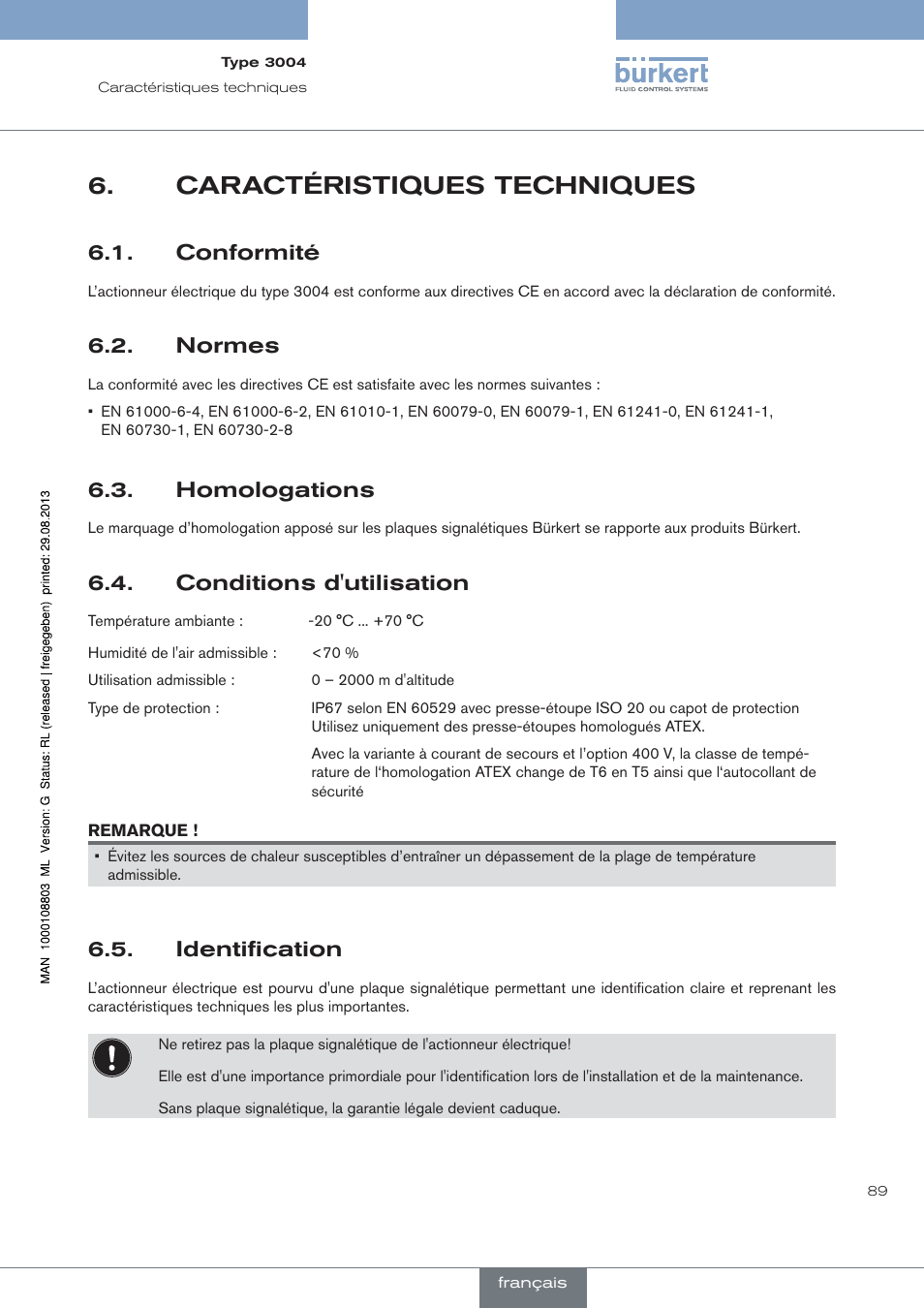 Caractéristiques techniques, Conformité, Normes | Homologations, Conditions d'utilisation, Identification | Burkert Type 3004 User Manual | Page 89 / 118