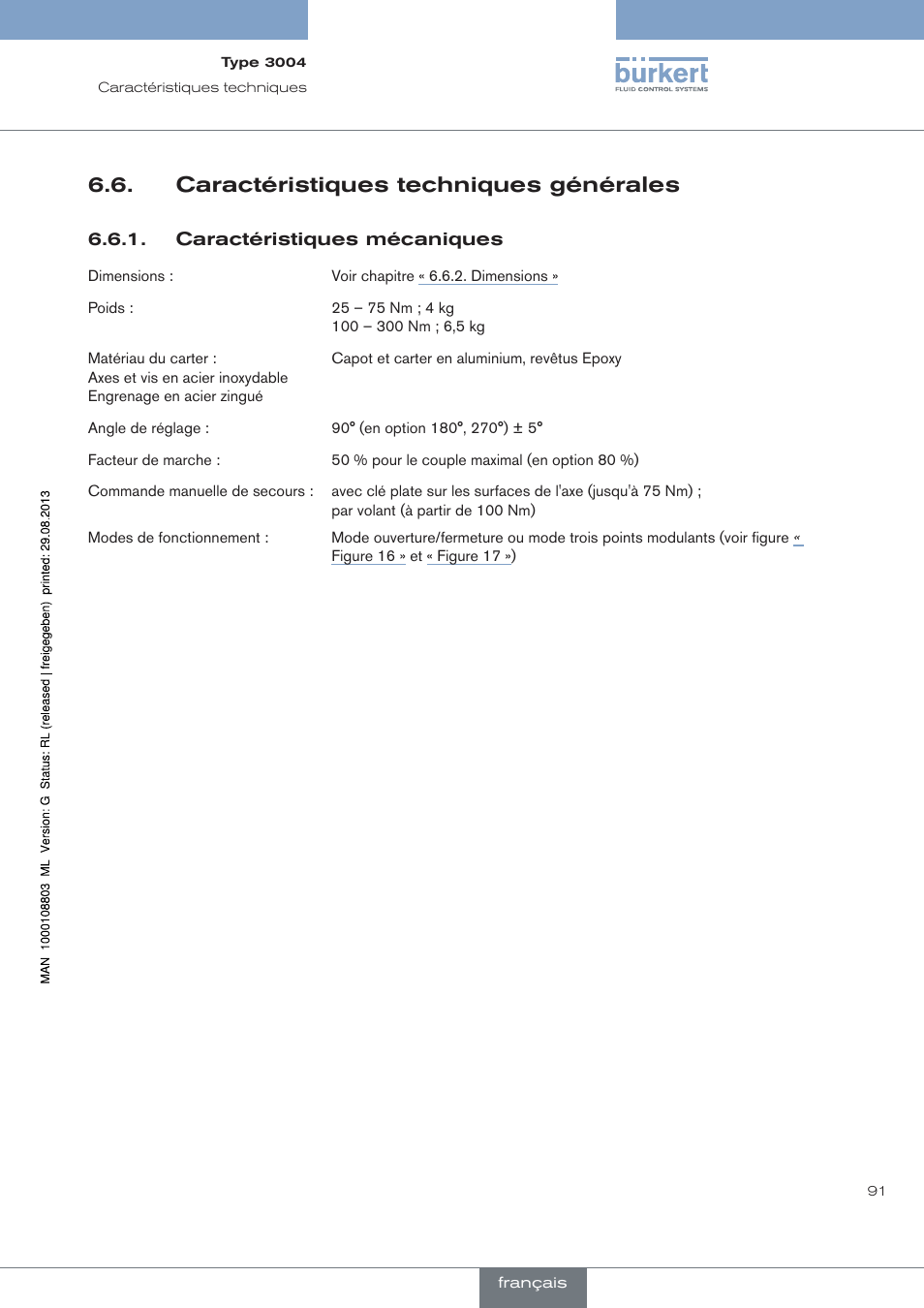 Caractéristiques techniques générales | Burkert Type 3004 User Manual | Page 91 / 118