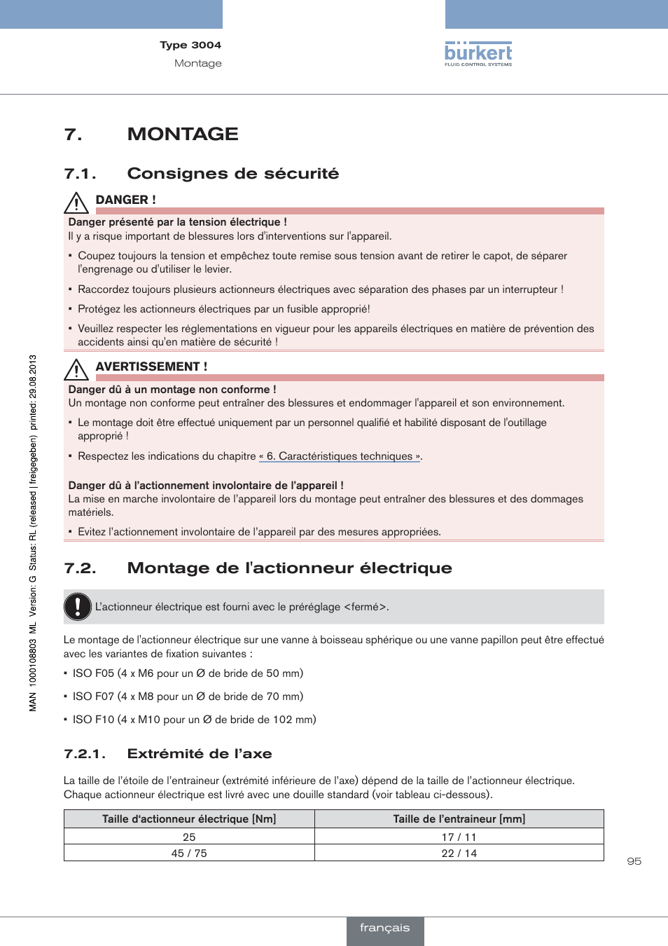 Montage, Consignes de sécurité, Montage de l'actionneur électrique | Burkert Type 3004 User Manual | Page 95 / 118