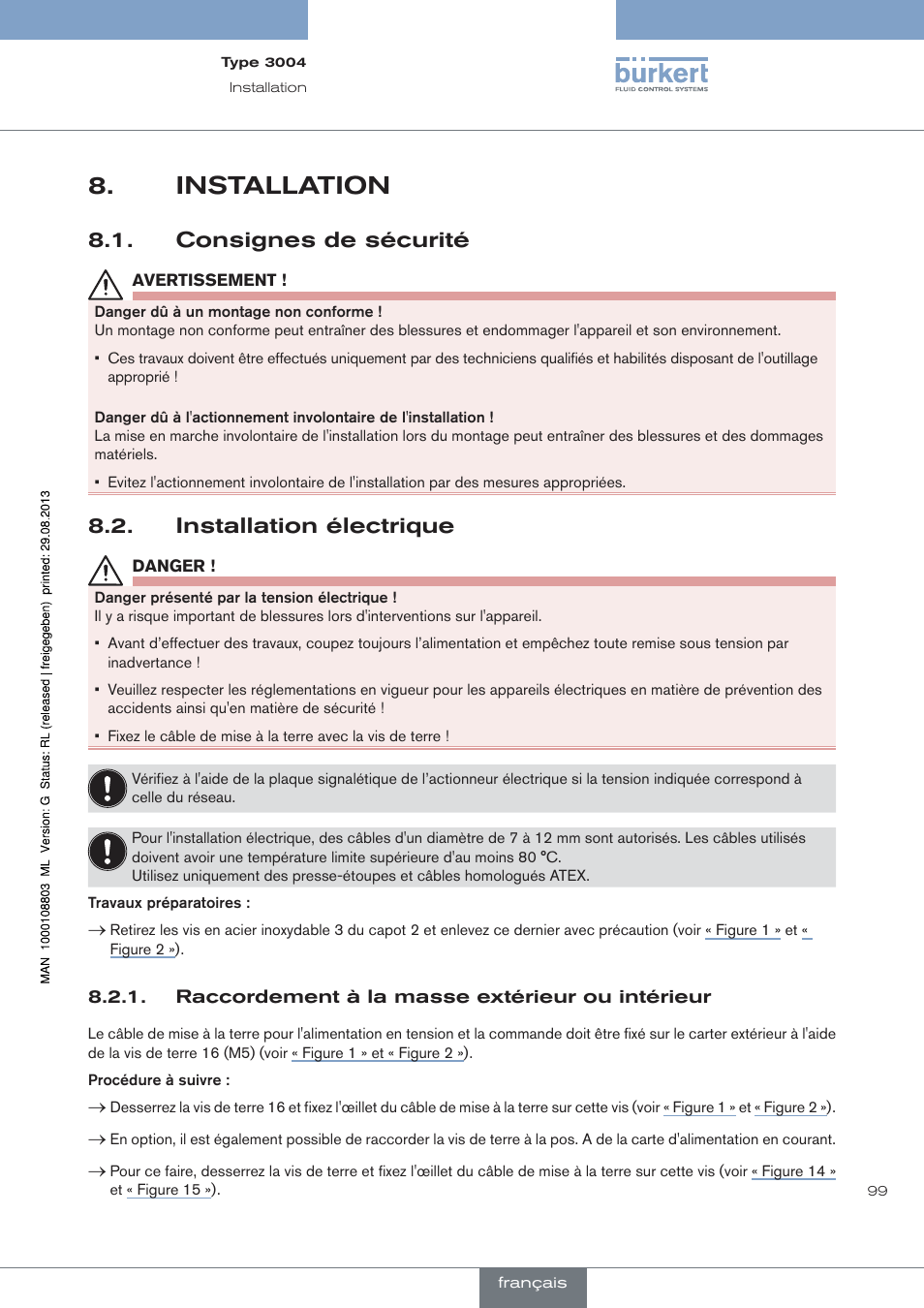 Installation, Consignes de sécurité, Installation électrique | Burkert Type 3004 User Manual | Page 99 / 118
