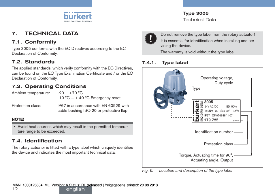 Technical data | Burkert Type 3005 User Manual | Page 12 / 82