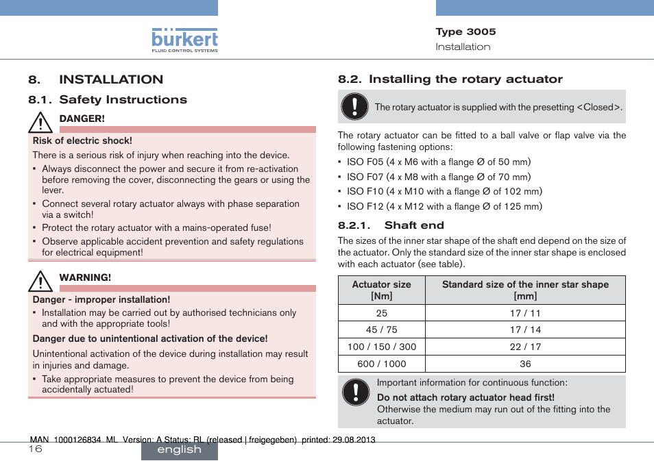 Installation, Safety instructions, Installing the rotary actuator | Burkert Type 3005 User Manual | Page 16 / 82