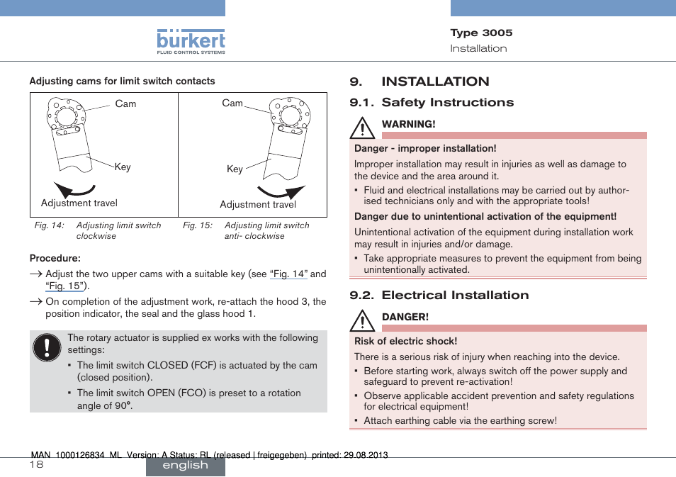 Installation, Safety instructions 9.2. electrical installation | Burkert Type 3005 User Manual | Page 18 / 82