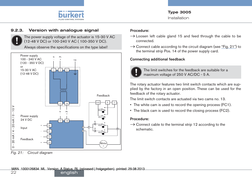 English, Version with analogue signal, 22 installation | Fig. 21: circuit diagram procedure, Type 3005 | Burkert Type 3005 User Manual | Page 22 / 82